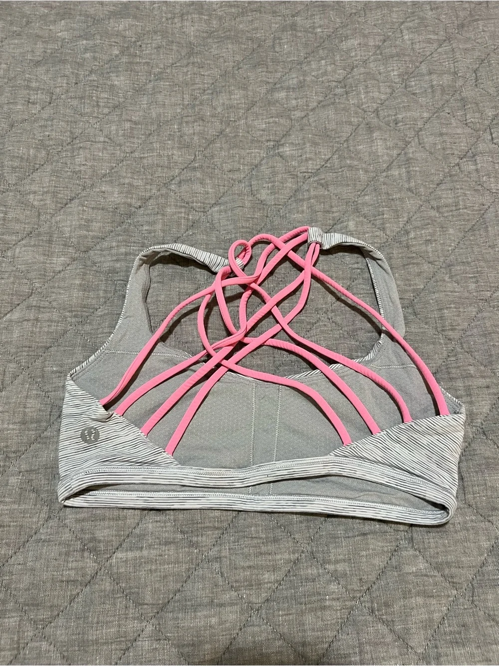 lululemon athletica Light Gray Striped Sports Bra with Pink Strappy Back